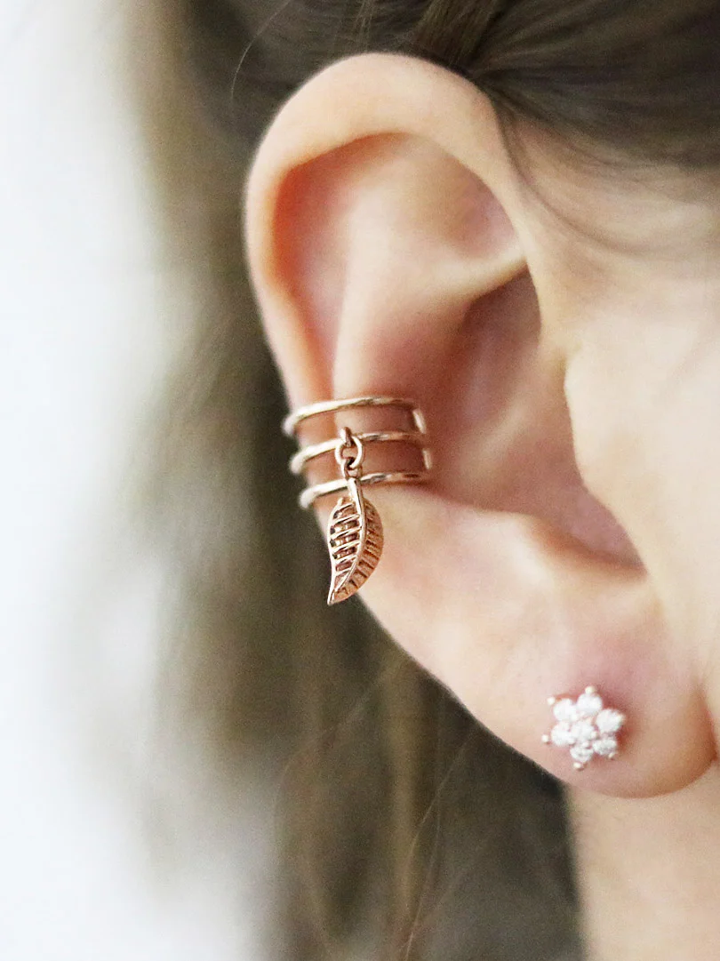 14K Gold Bohemian Dangle Leaf Ear Cuff - Image 5