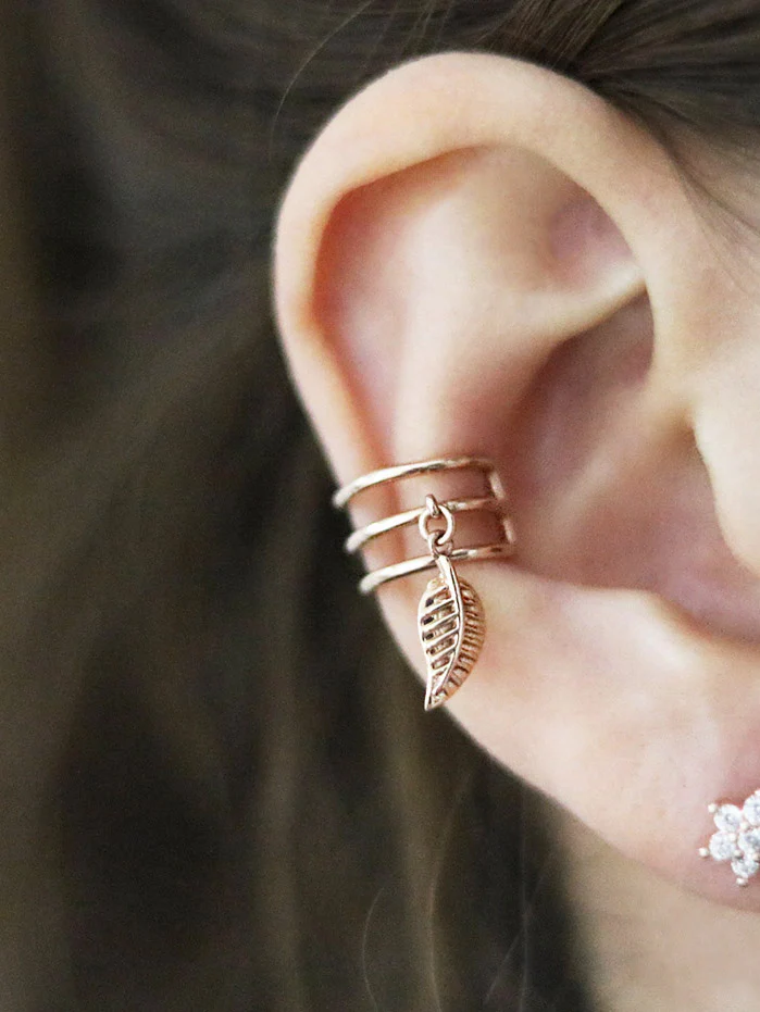 14K Gold Bohemian Dangle Leaf Ear Cuff - Image 6