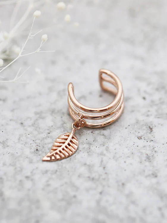 14K Gold Bohemian Dangle Leaf Ear Cuff - Image 8