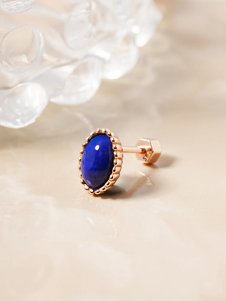 14K Gold Elegance Crown Lapis Lazuli Cartilage Earring 18G - Image 9