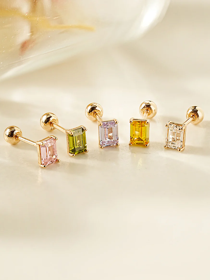 14K Gold Emerald Cut Color Cubic Earring 20G18G16G