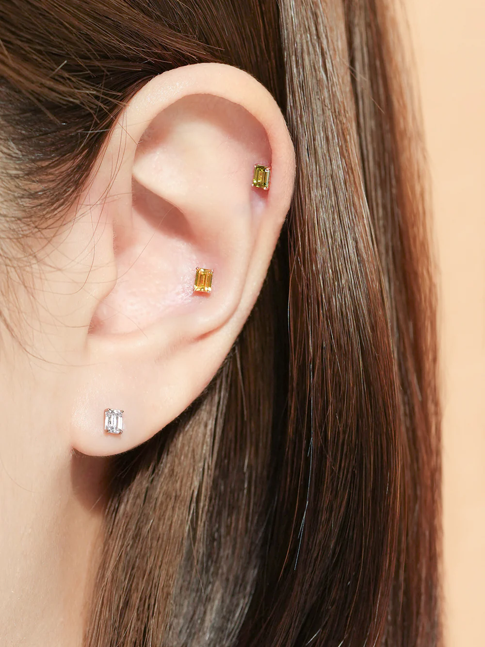 14K Gold Emerald Cut Color Cubic Earring 20G18G16G - Image 2