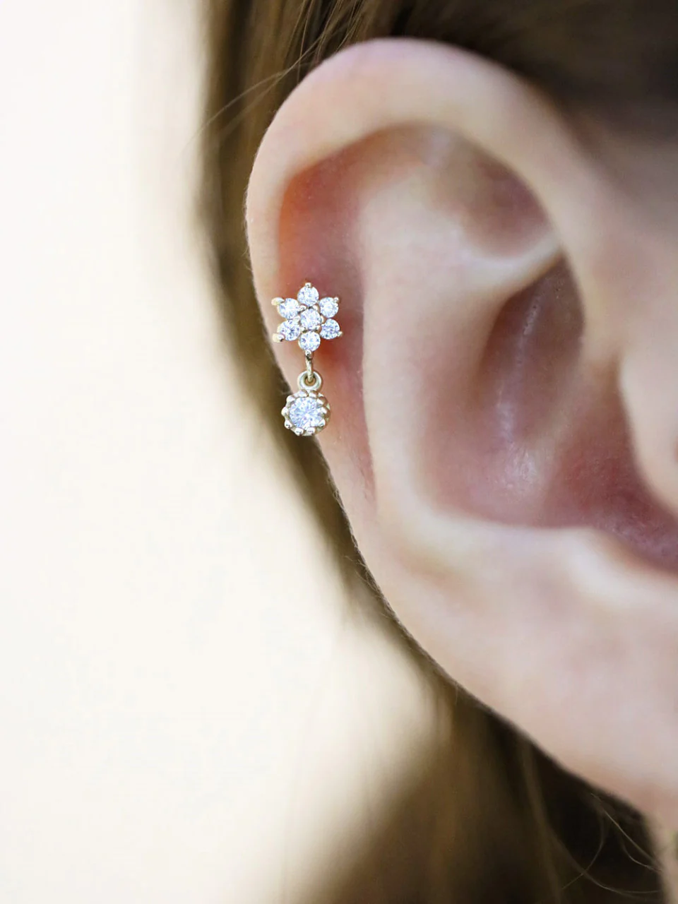 14K Gold Lovely Flower Drop Cartilage Earring 18G16G - Image 7