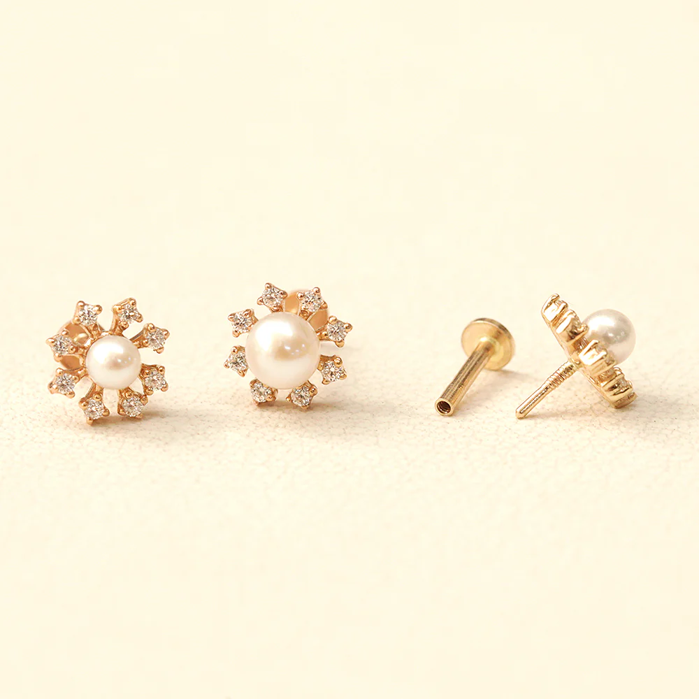 14K Gold Flower Cubic Pearl Internally Threaded Labret Piercing 18G16G - Image 11