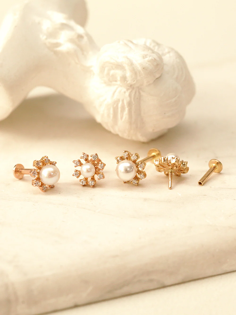 14K Gold Flower Cubic Pearl Internally Threaded Labret Piercing 18G16G - Image 7