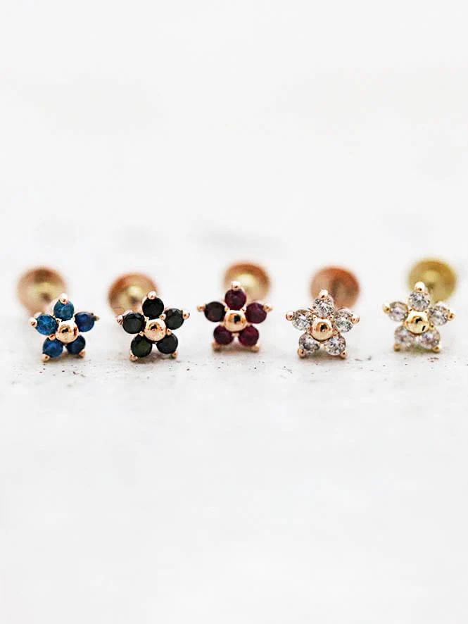 14K Gold Flower Tragus Labret Piercing 18G16G