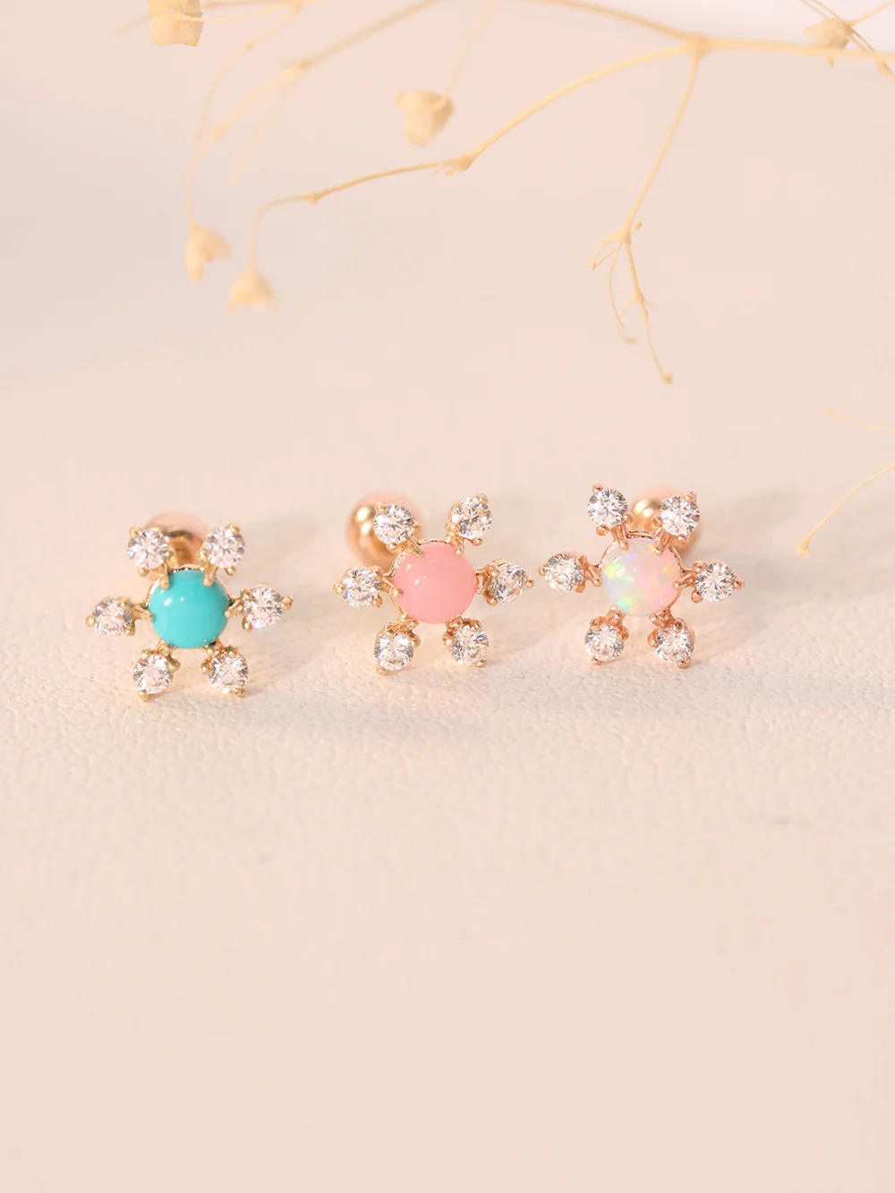 14K Gold Flower Rose-Cut Cubic Cartilage Earring 20G18G16G - Image 7