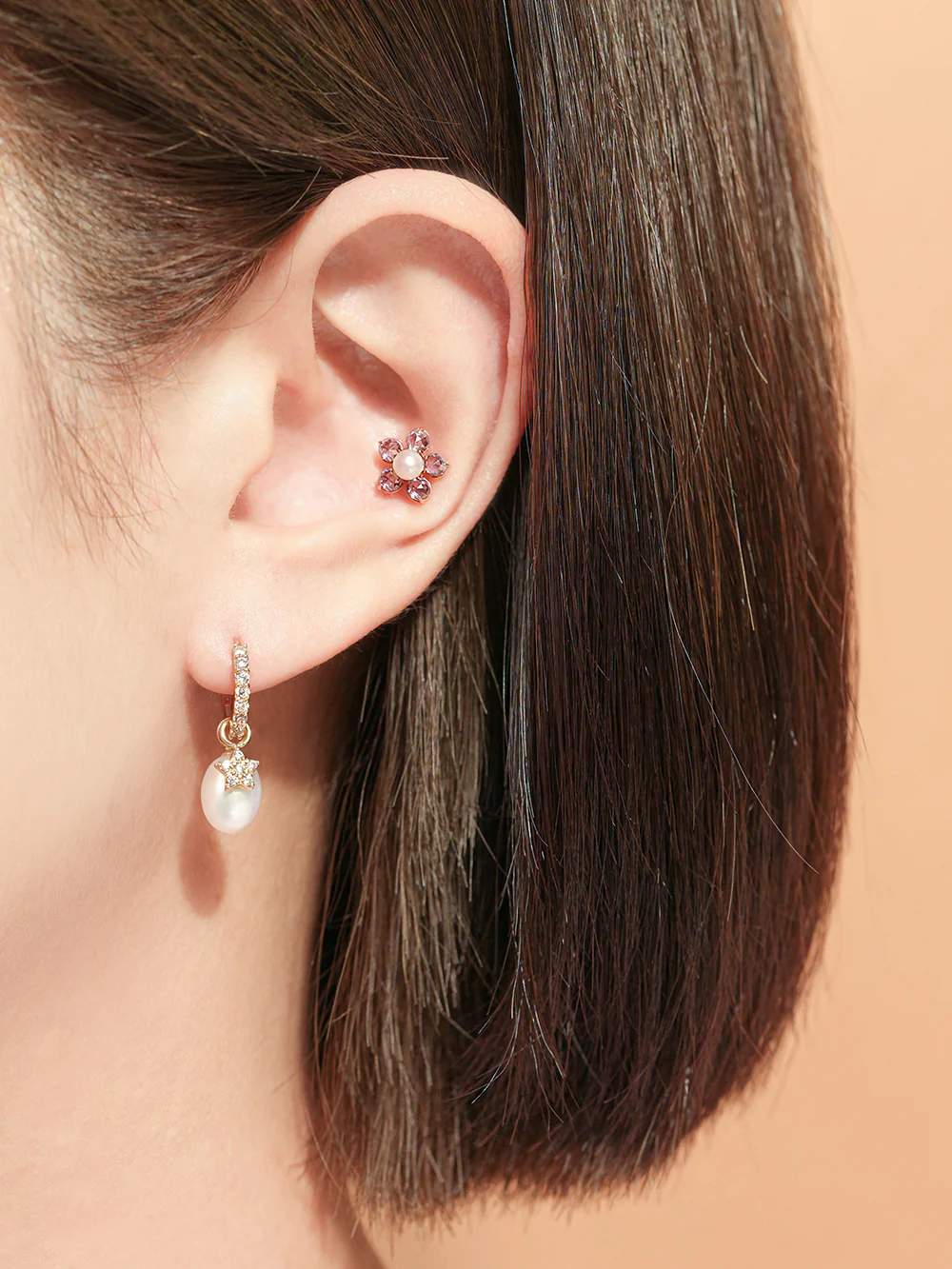 14K Gold Fresh Water Pearl Wind Flower Cartilage Earring 18G16G - Image 8