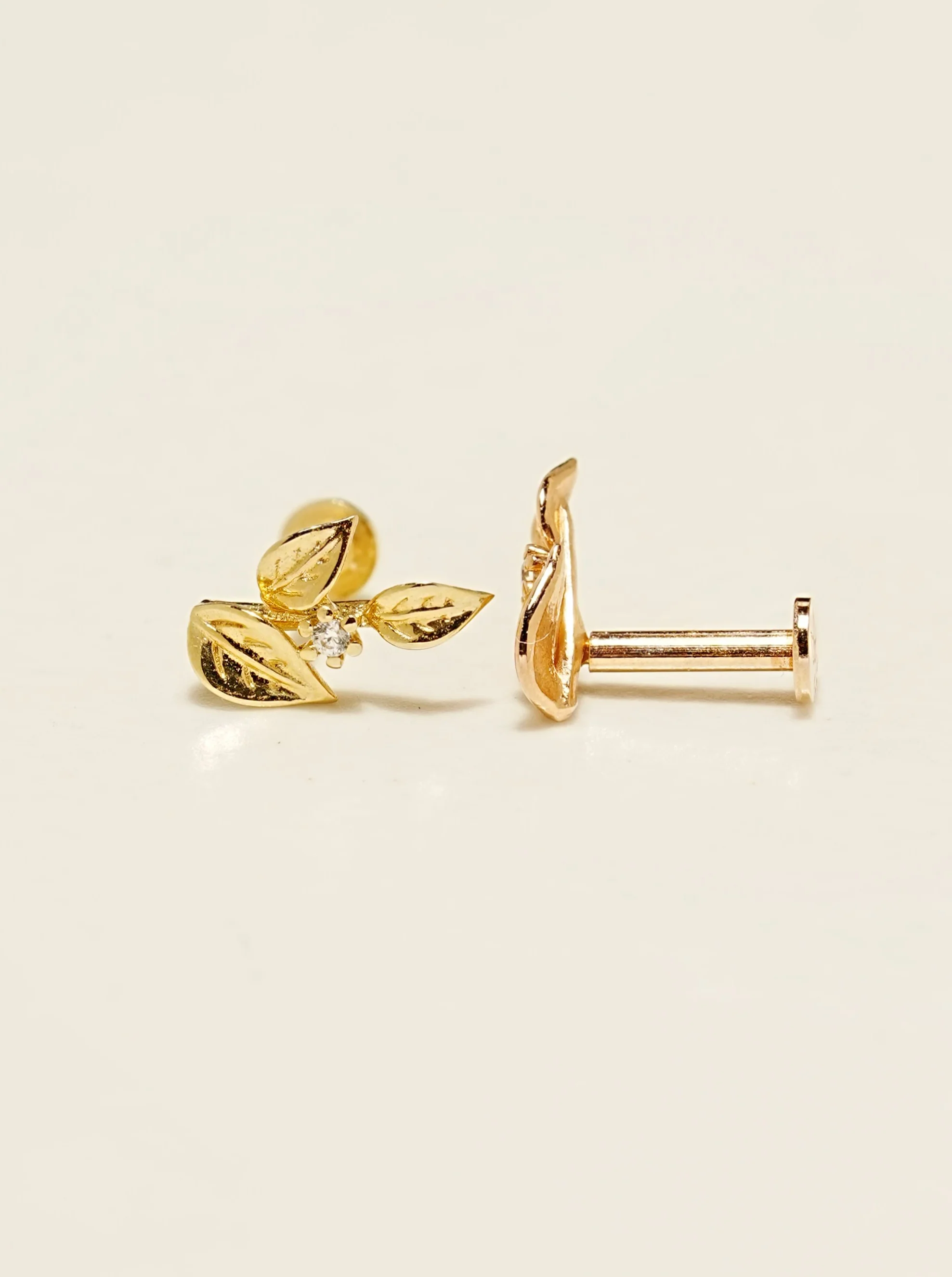 14K Gold Fruit Cubic Leaf Internally Threaded Labret Piercing 18G16G - Image 6