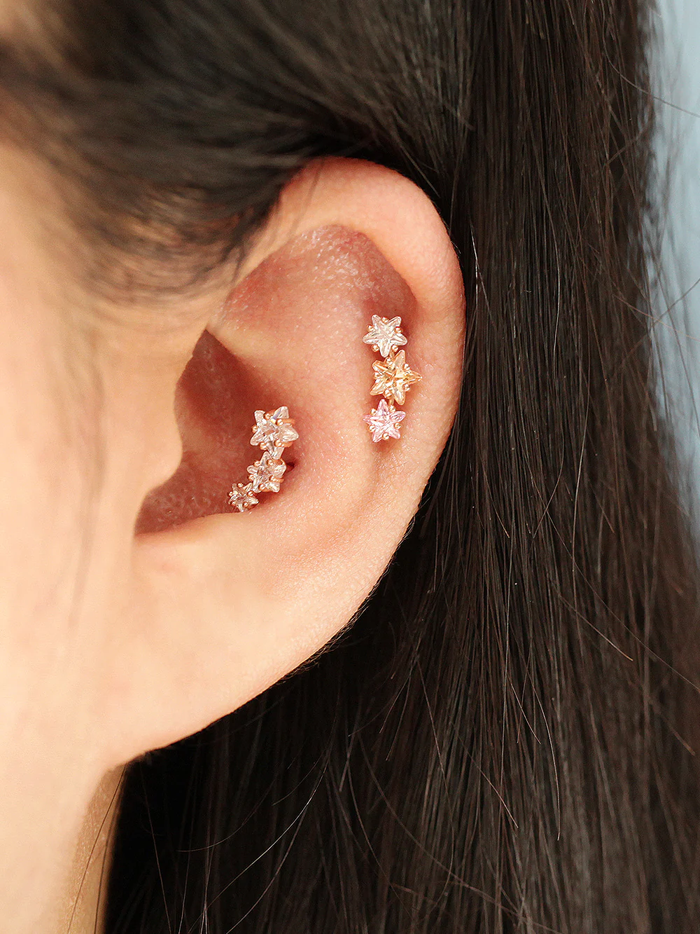 14K Gold Galaxy Triple Star Cartilage Earring 20G18G16G - Image 10