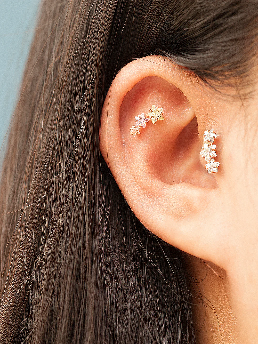 14K Gold Galaxy Triple Star Cartilage Earring 20G18G16G - Image 2