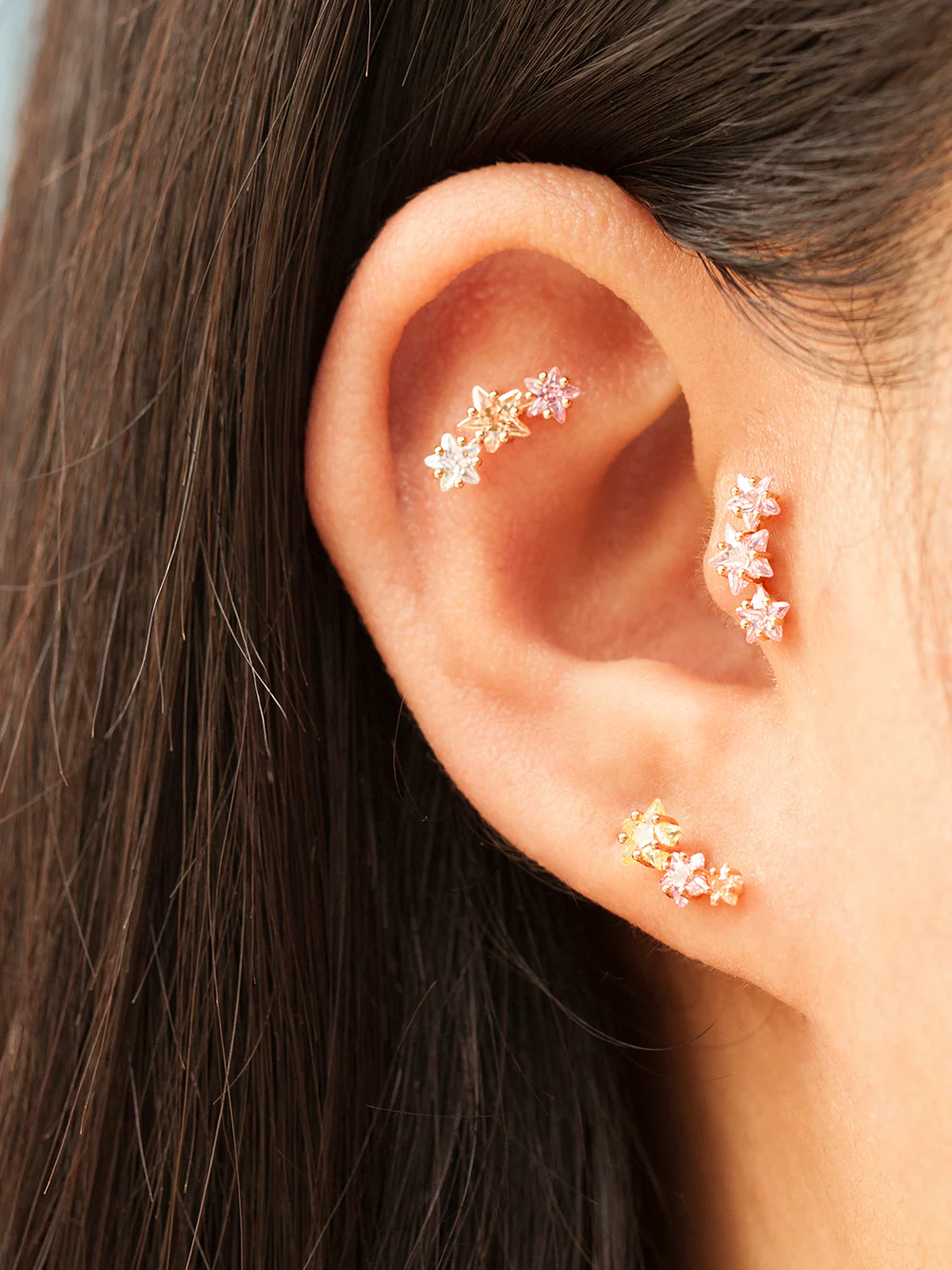 14K Gold Galaxy Triple Star Cartilage Earring 20G18G16G - Image 4