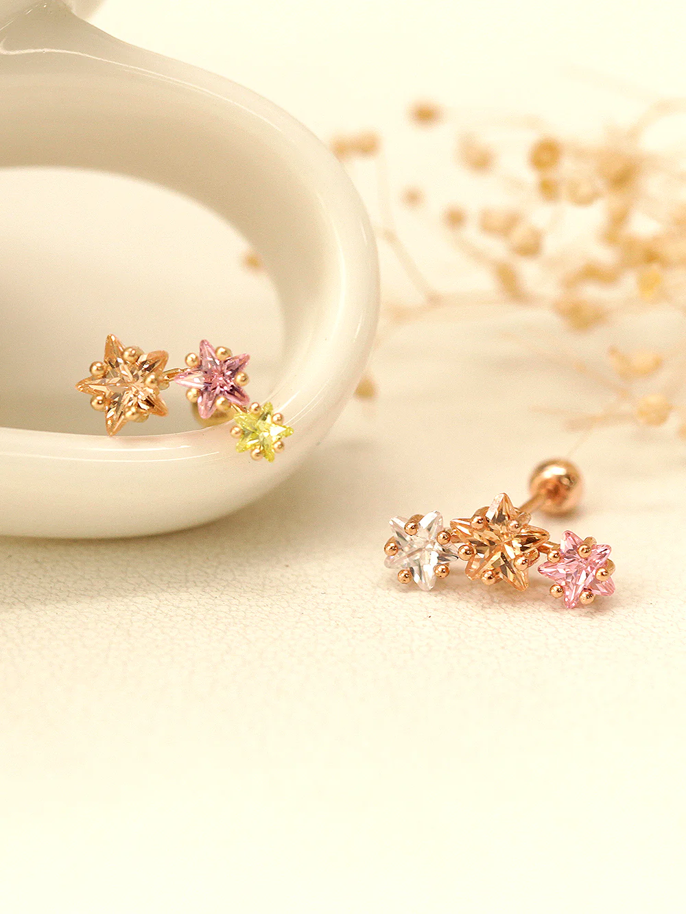 14K Gold Galaxy Triple Star Cartilage Earring 20G18G16G - Image 5