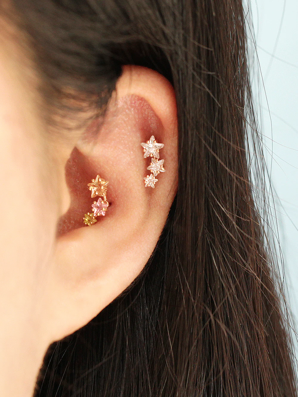14K Gold Galaxy Triple Star Cartilage Earring 20G18G16G - Image 6