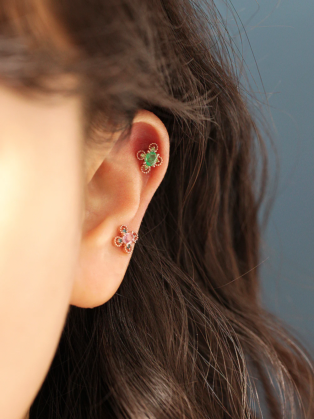 14K Gold Gemstone & Diamond Cartilage Earring 18G - Image 7