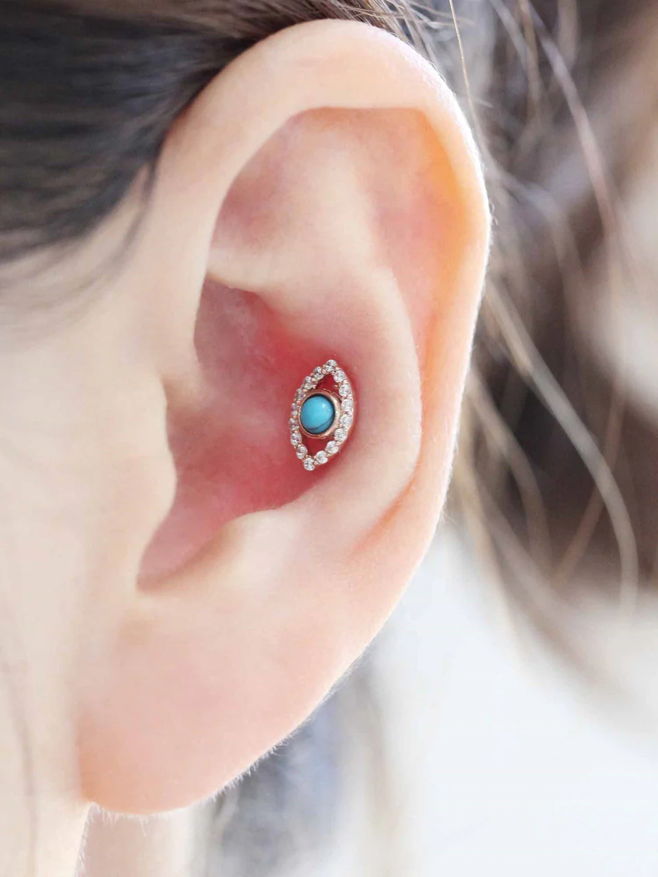 14K Gold Gemstone Evil Eye Cartilage Earring 18G16G - Image 8