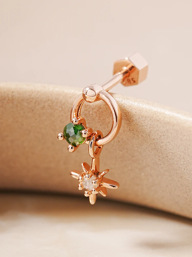 14K Gold Green Rough Universe Ring Drop Cartilage Earring 18G