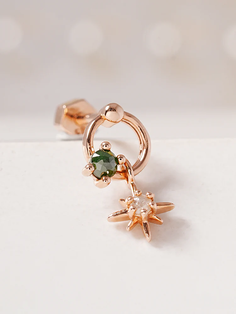 14K Gold Green Rough Universe Ring Drop Cartilage Earring 18G - Image 3