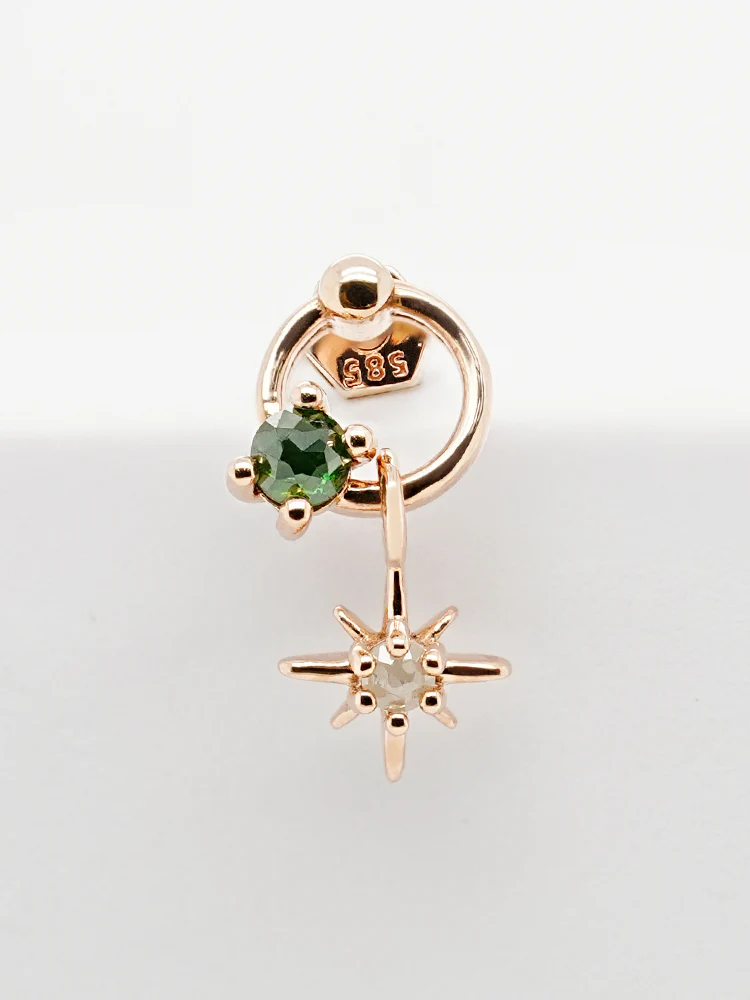 14K Gold Green Rough Universe Ring Drop Cartilage Earring 18G - Image 8
