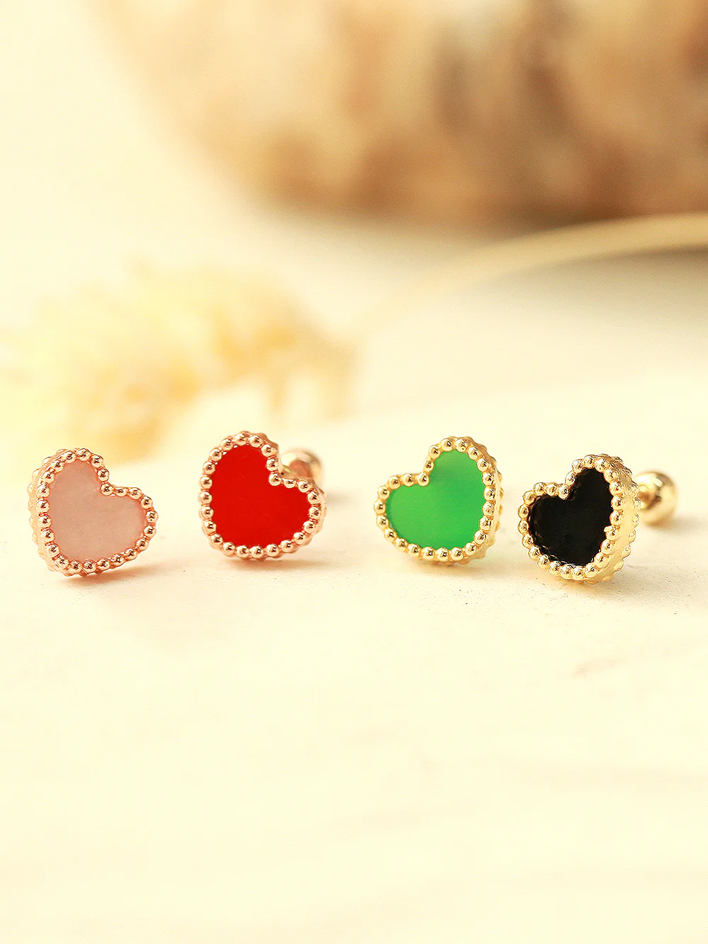 14K Gold Natural Stone Heart Cartilage Earring 20G