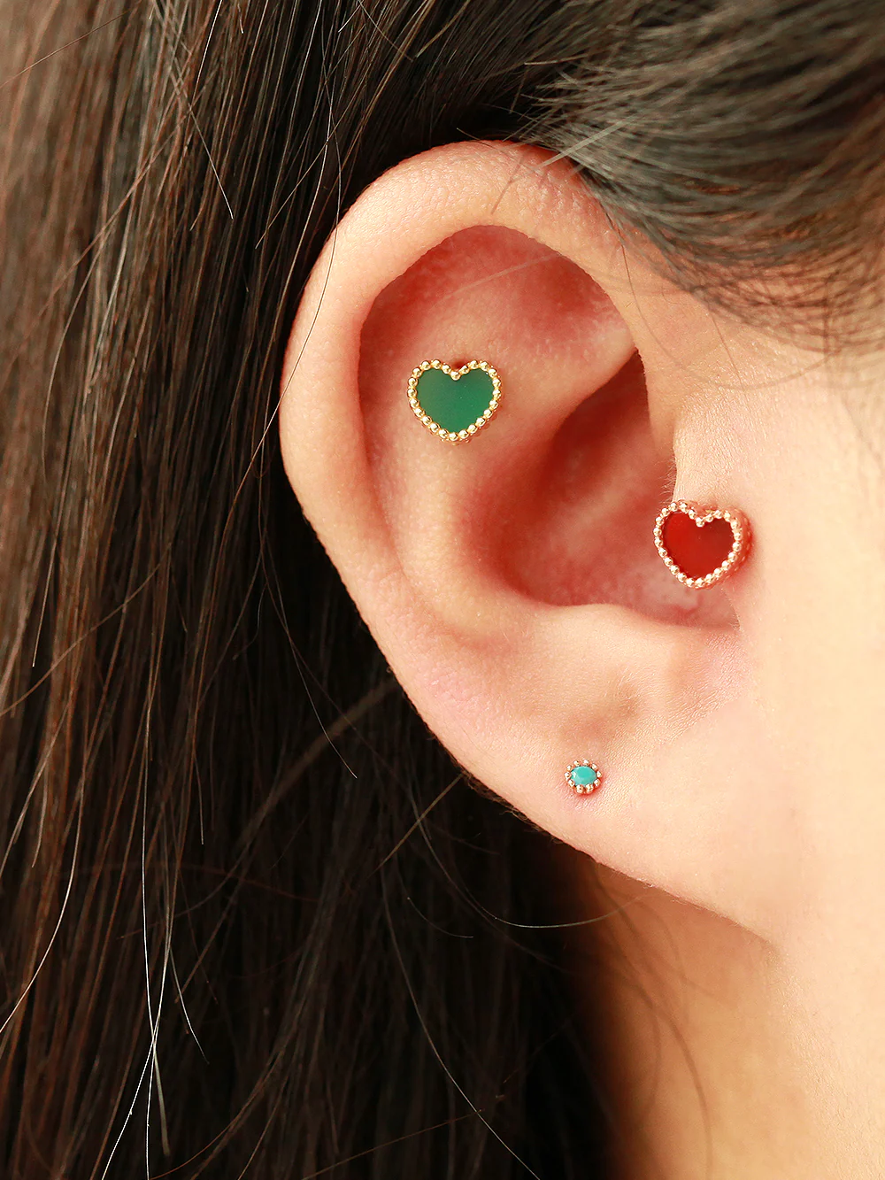14K Gold Natural Stone Heart Cartilage Earring 20G - Image 4
