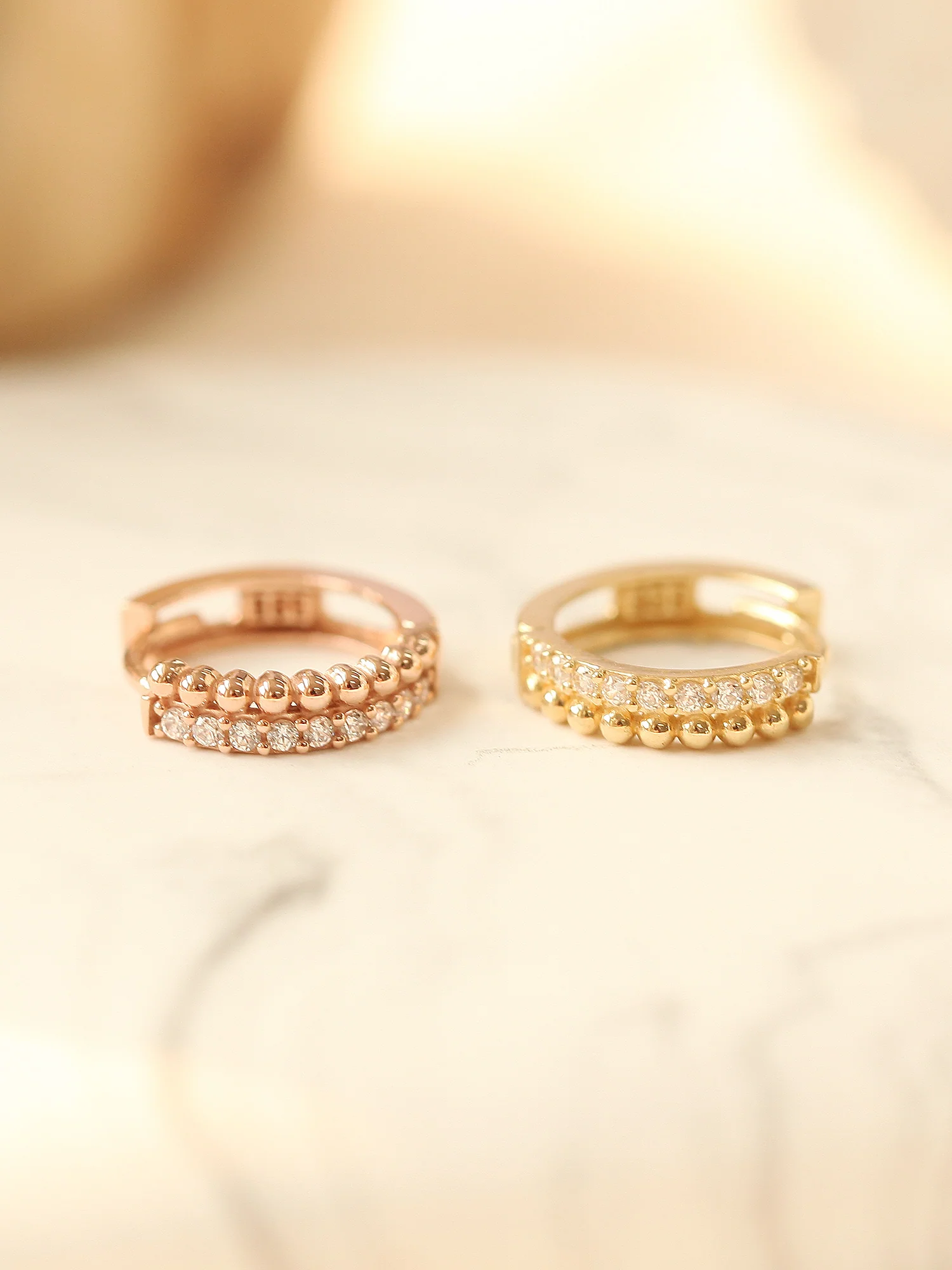 14K Gold Double Cubic Ball Hoop Earring - Image 3