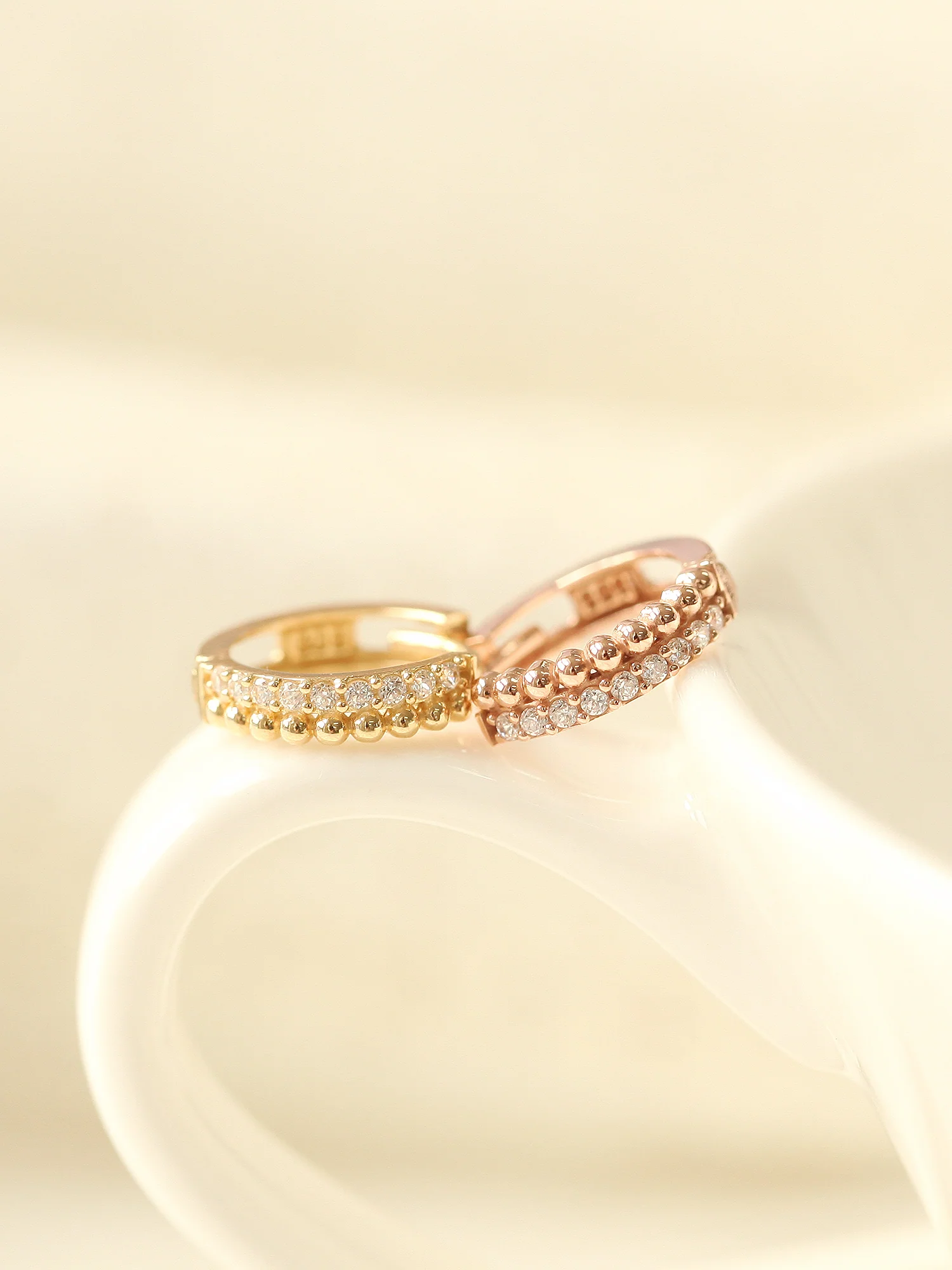 14K Gold Double Cubic Ball Hoop Earring - Image 7