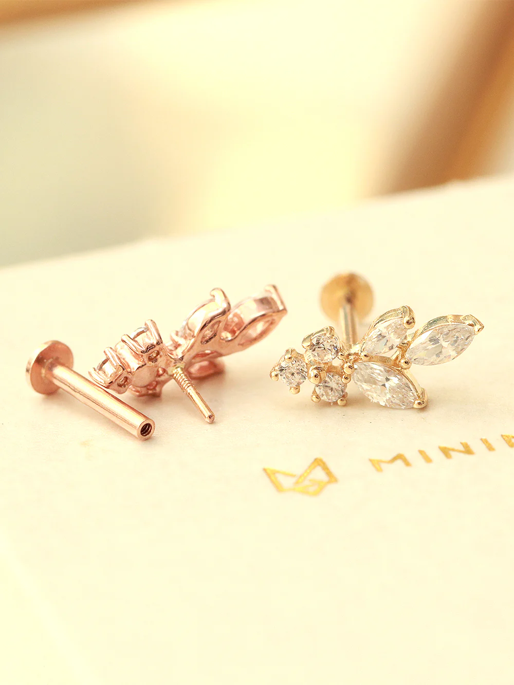 14K Gold Internal Bling Curve Leaf Labret Piercing 18G16G - Image 5