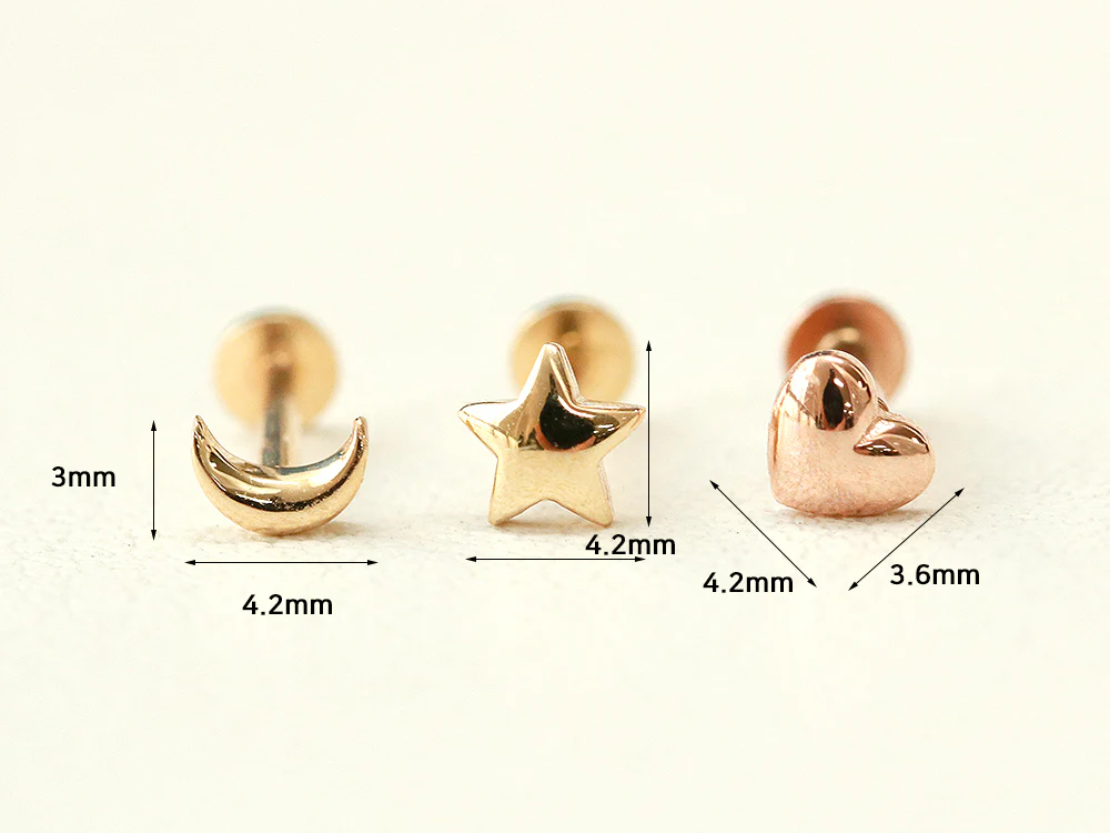 14K Gold Internal Mini Volume Moon Star Heart Labret 18G16G - Image 11