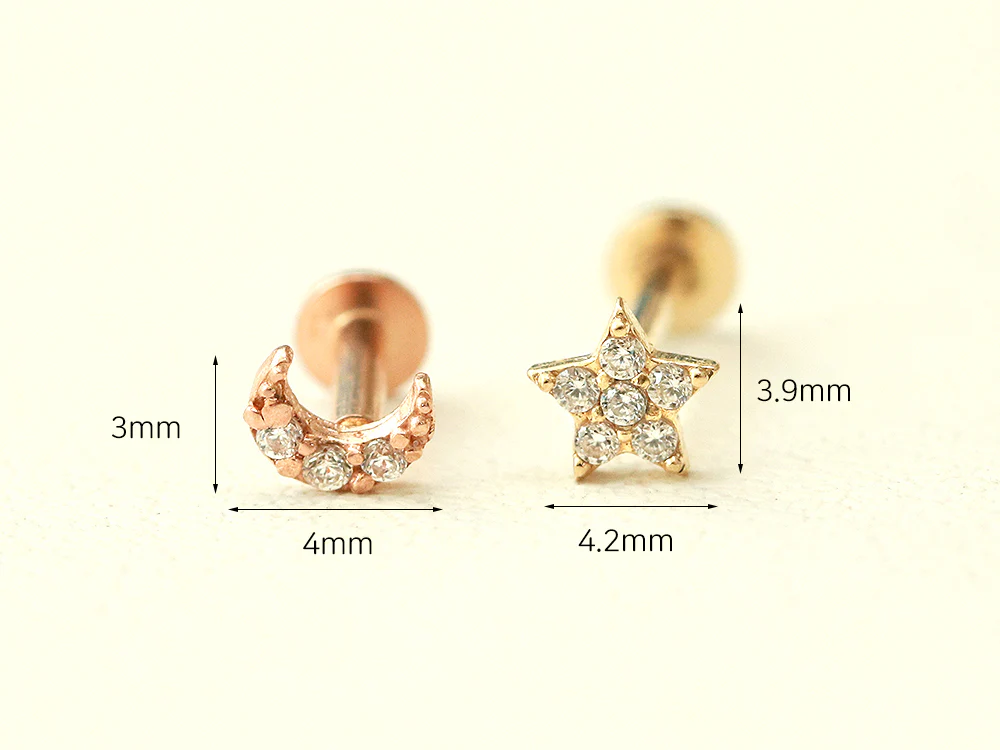 14K Gold Internal Minimi Moon & Star Labret Piercing 18G16G - Image 10