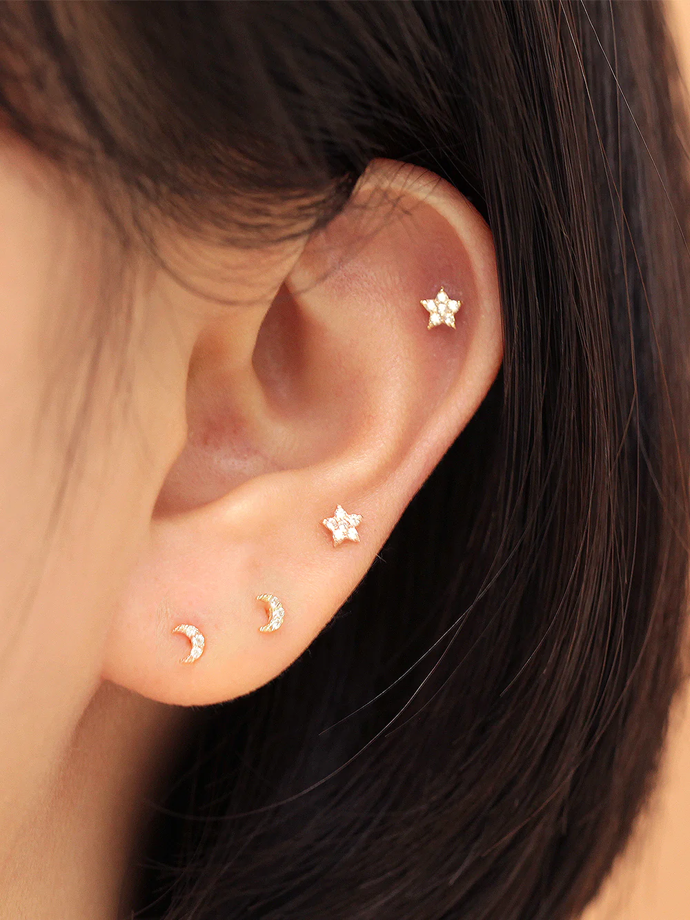 14K Gold Internal Minimi Moon & Star Labret Piercing 18G16G - Image 4