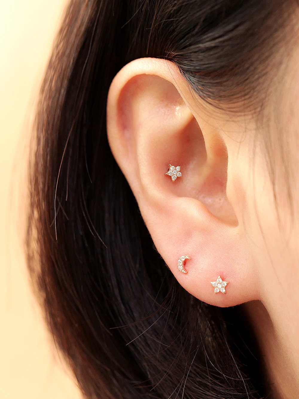 14K Gold Internal Minimi Moon & Star Labret Piercing 18G16G - Image 5