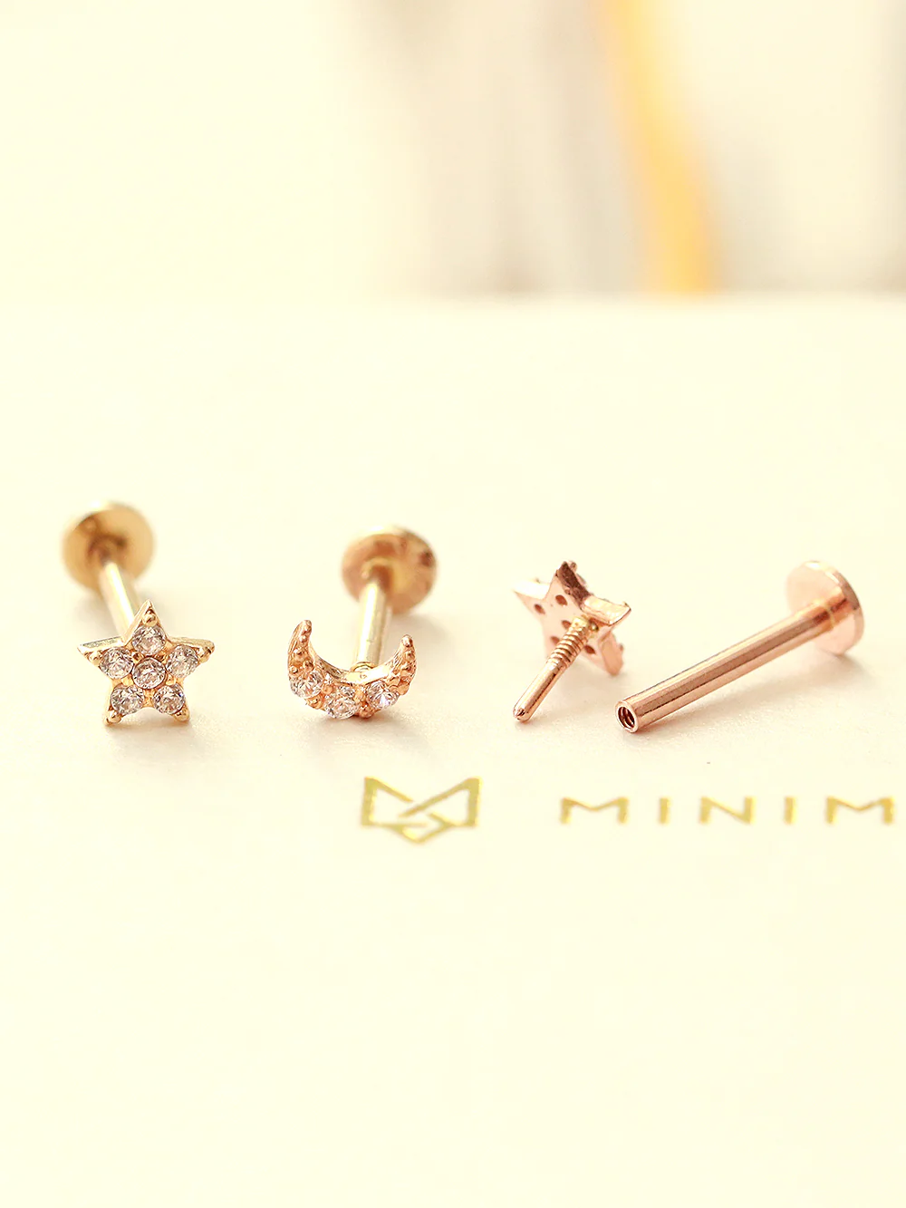 14K Gold Internal Minimi Moon & Star Labret Piercing 18G16G - Image 6