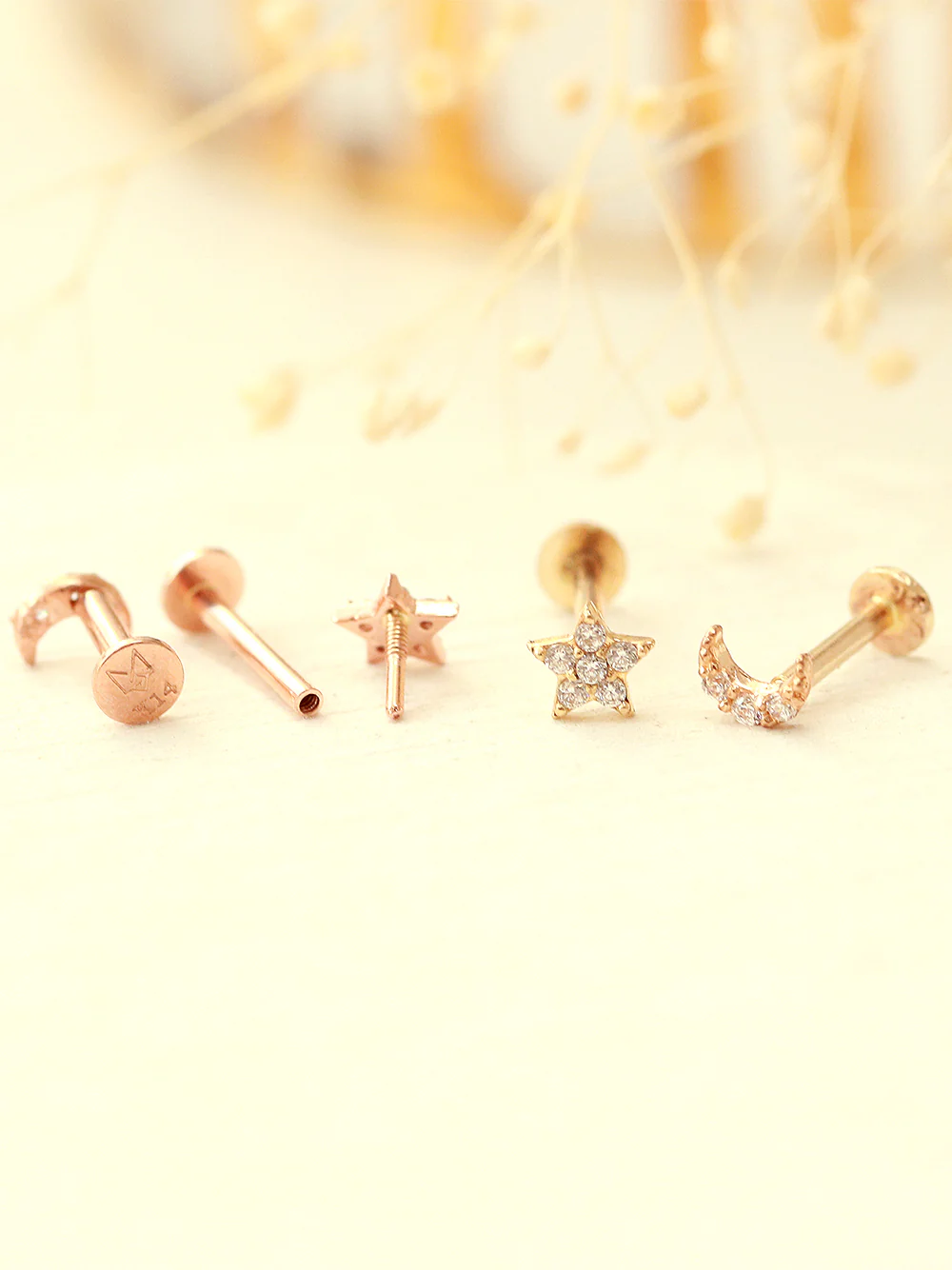 14K Gold Internal Minimi Moon & Star Labret Piercing 18G16G - Image 7