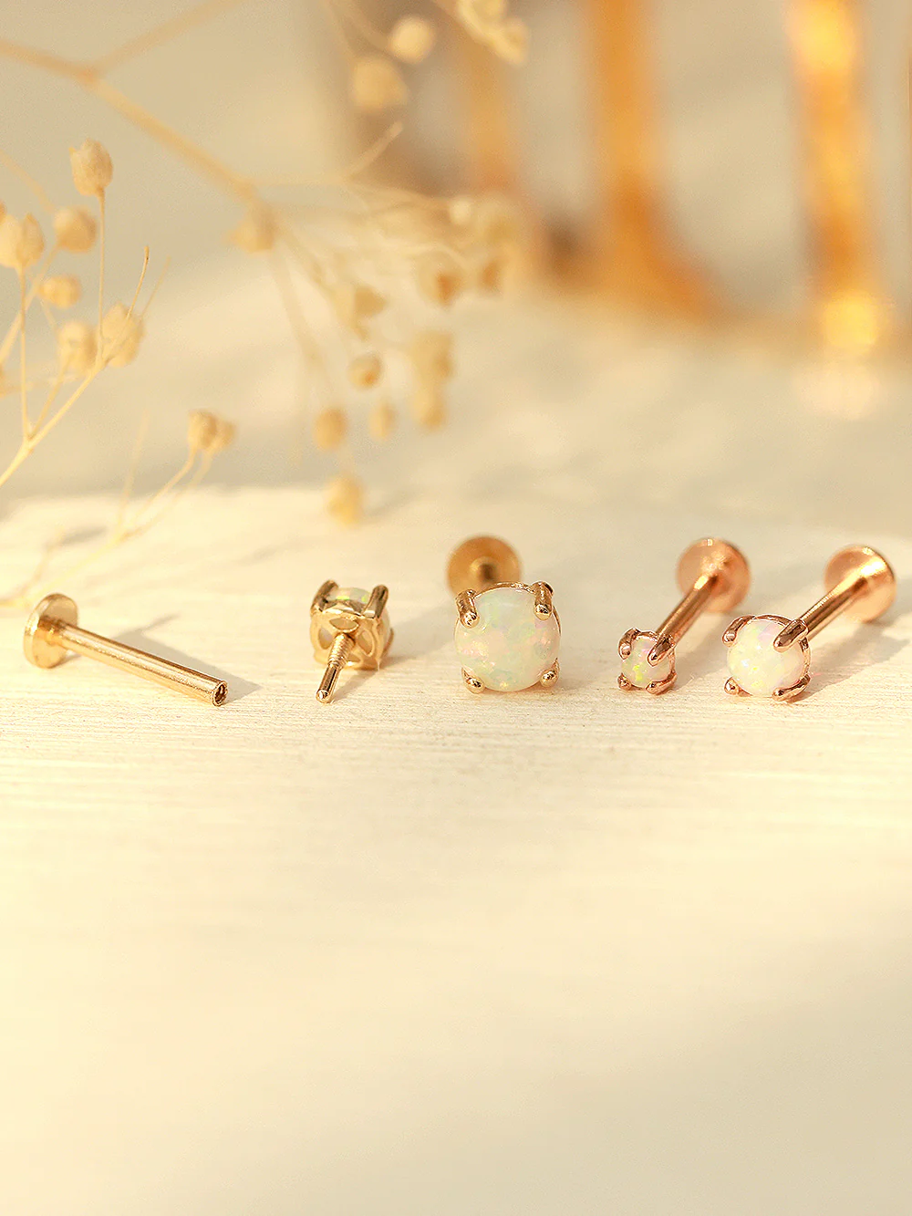 14K Gold Internal Opal Labret Piercing 18G16G