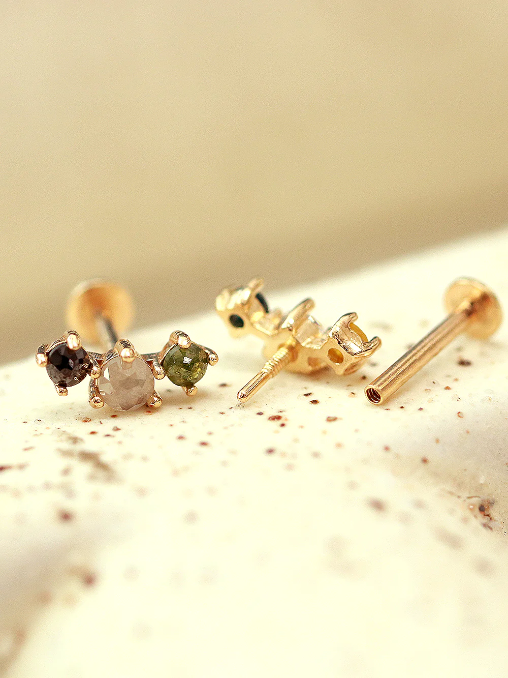 14K Gold Internal Rough Diamond Labret Piercing 18G16G - Image 2