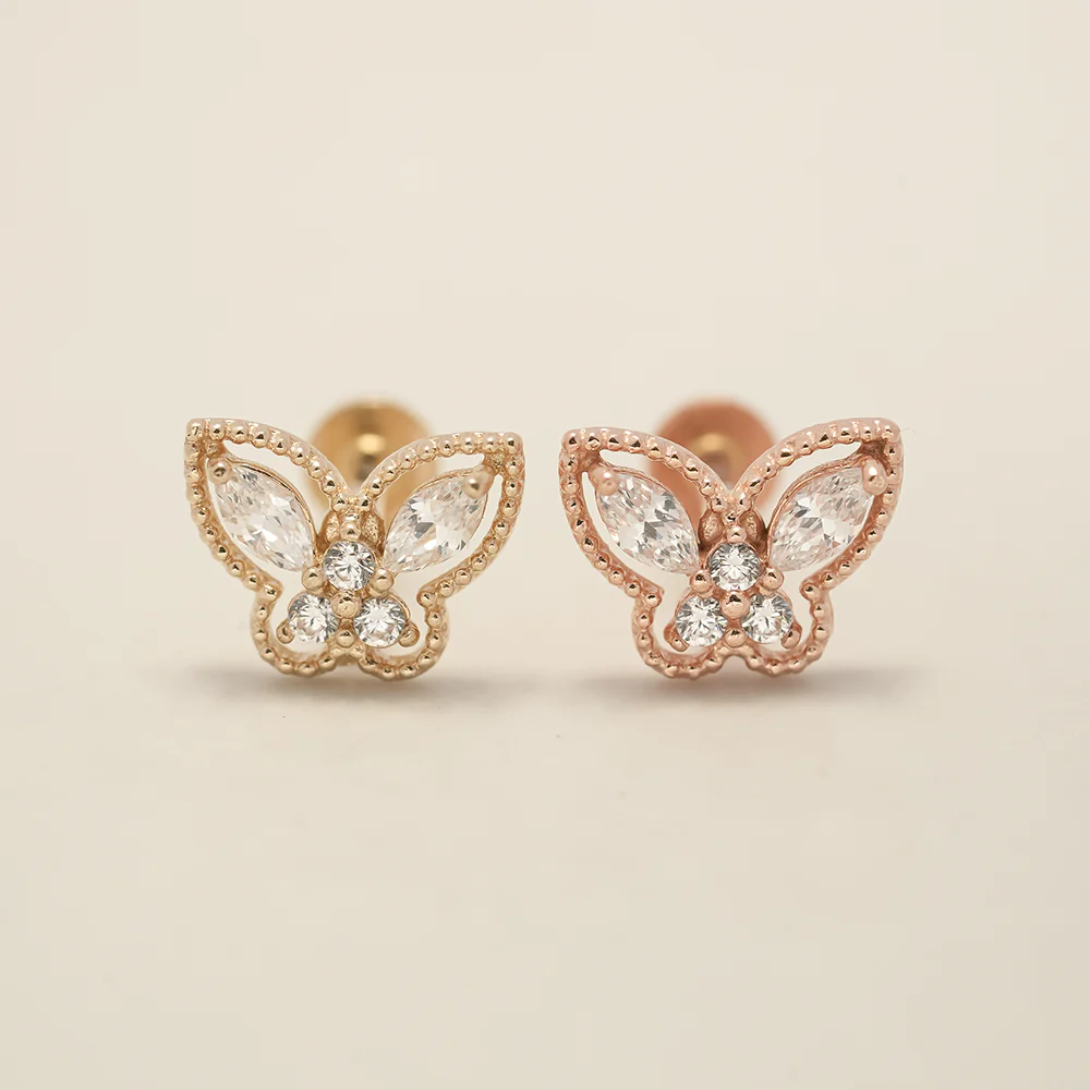 14K Gold Internally Threaded Crystal 3D Butterfly  Labret Piercing 18G16G - Image 10