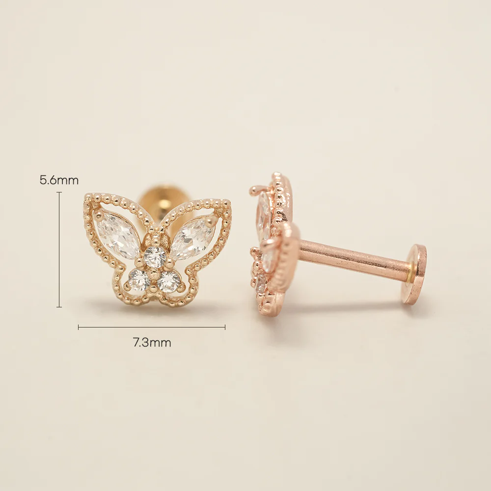 14K Gold Internally Threaded Crystal 3D Butterfly  Labret Piercing 18G16G - Image 12