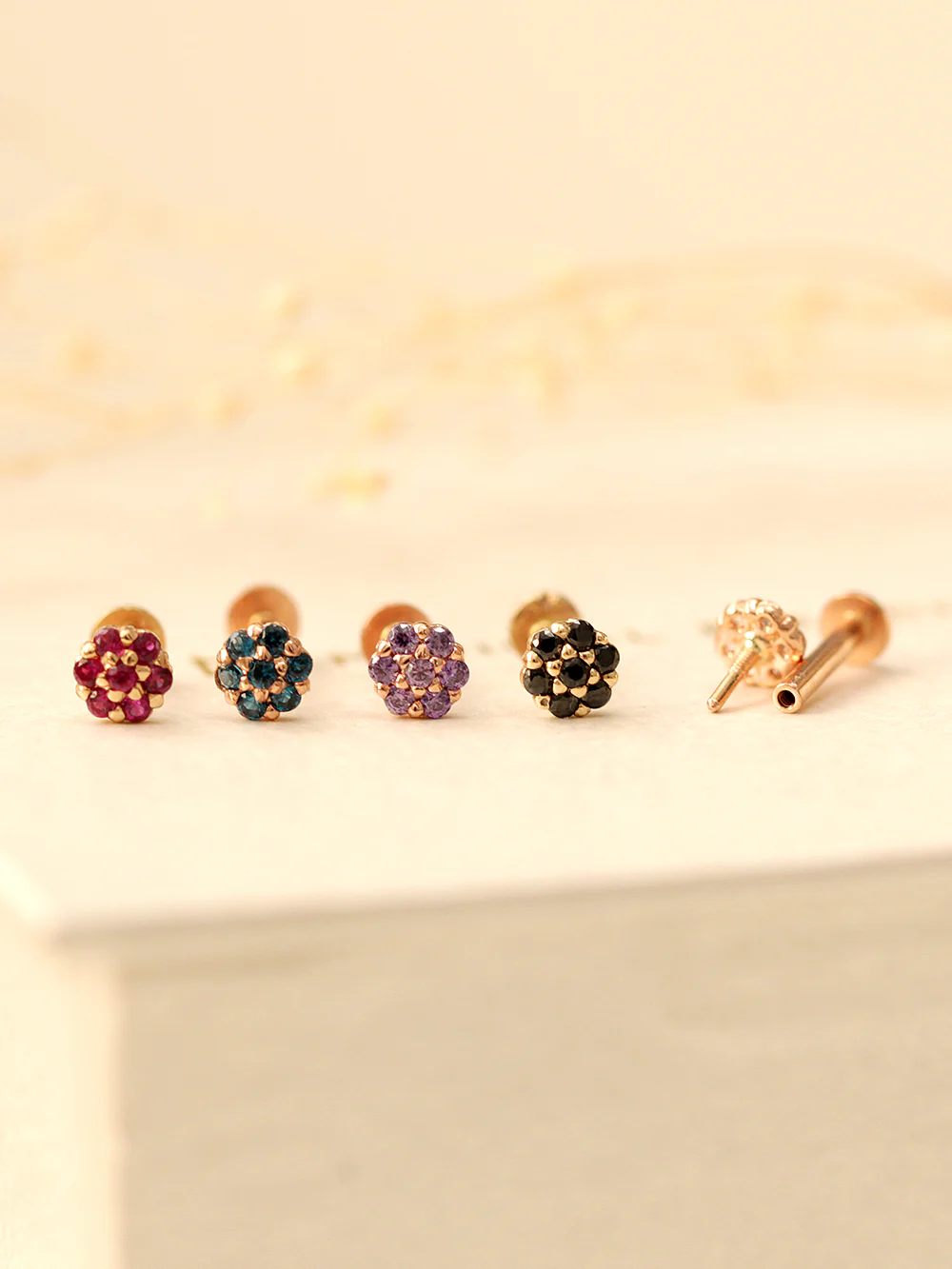 14K Gold Internally Threaded Mini Colorful Flower Labret Piercing 18G16G - Image 2