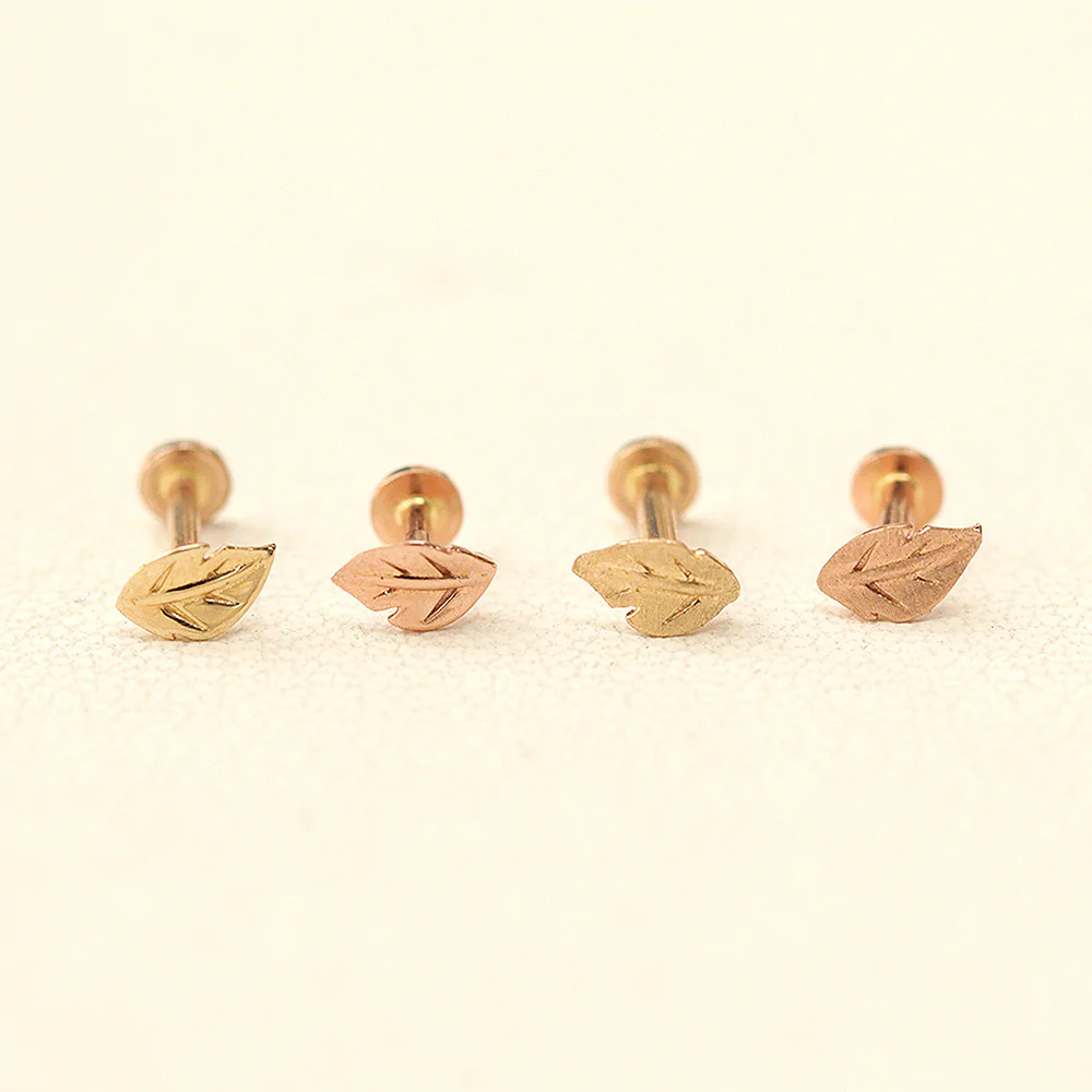 14K Gold Internally Threaded Mini Leaf Labret Piercing 18G16G - Image 7