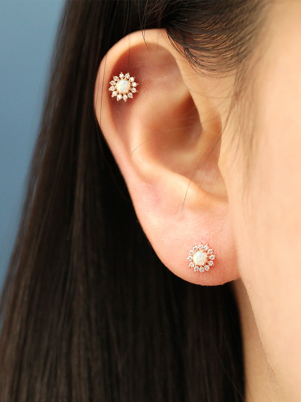 14K Gold Internally Threaded Opal Sunflower Labret Piercing 18G16G - Image 4