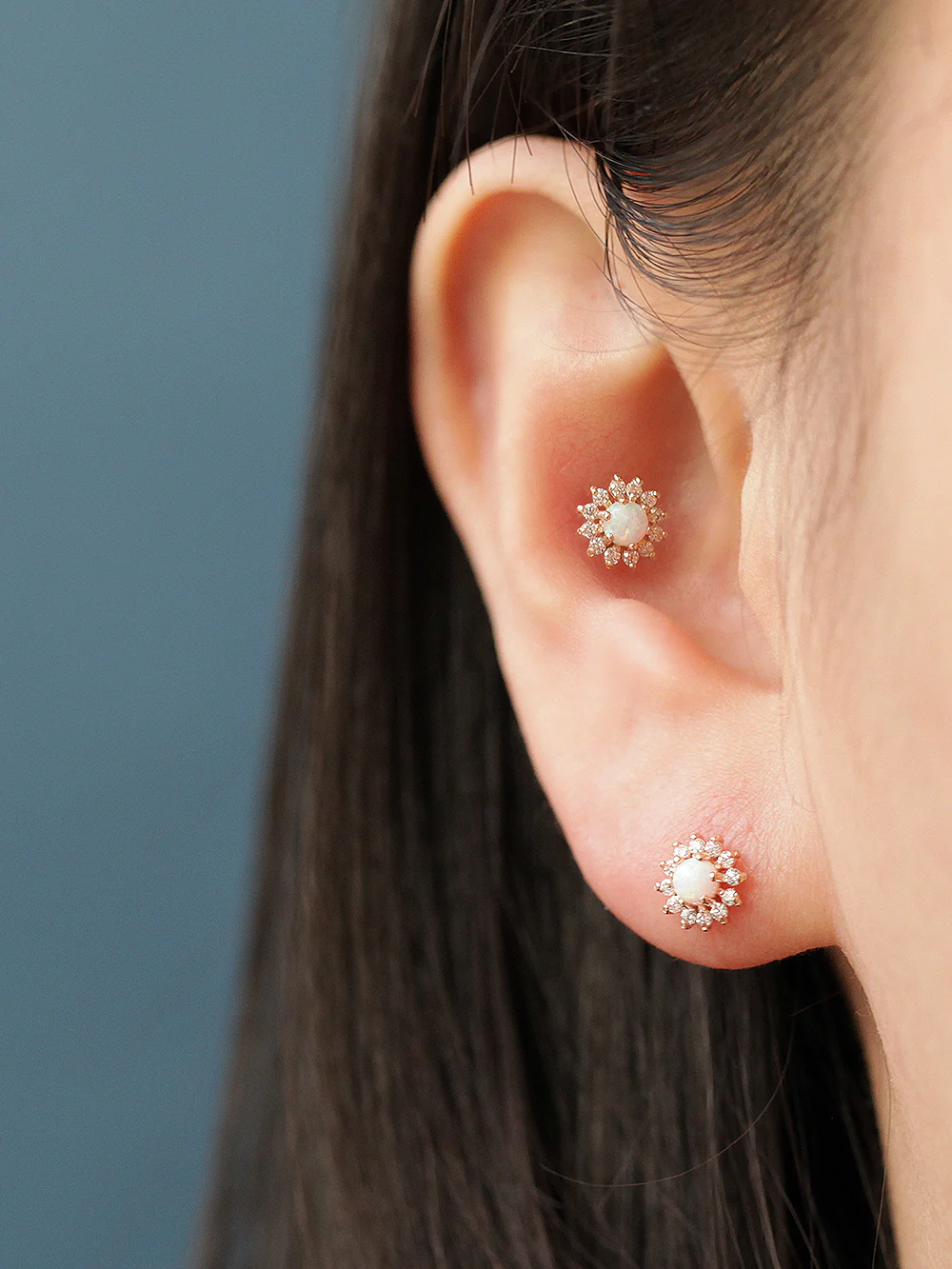 14K Gold Internally Threaded Opal Sunflower Labret Piercing 18G16G - Image 5