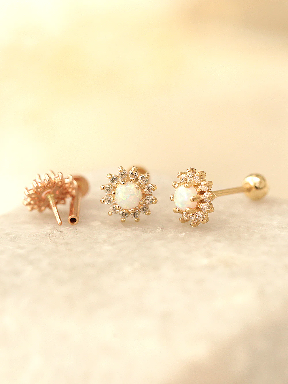 14K Gold Internally Threaded Opal Sunflower Labret Piercing 18G16G - Image 7