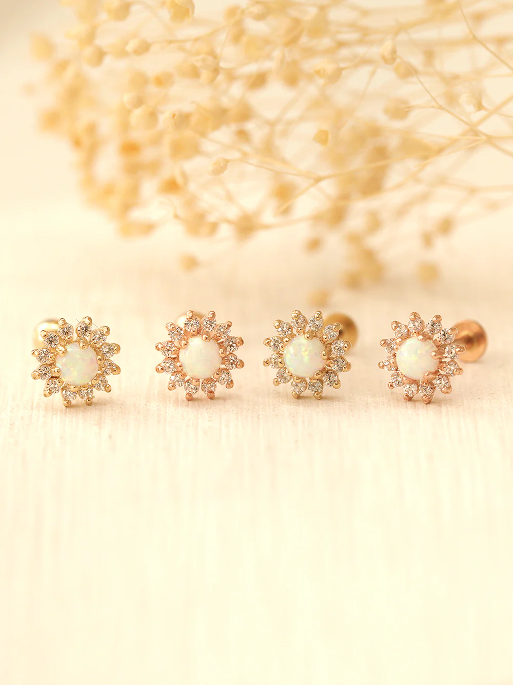 14K Gold Internally Threaded Opal Sunflower Labret Piercing 18G16G - Image 8