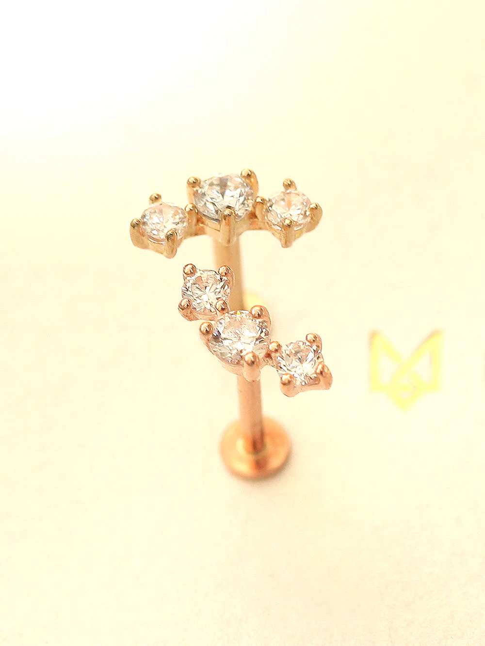14K Gold Internally Threaded Triple Cubic Labret piercing 18G16G - Image 4