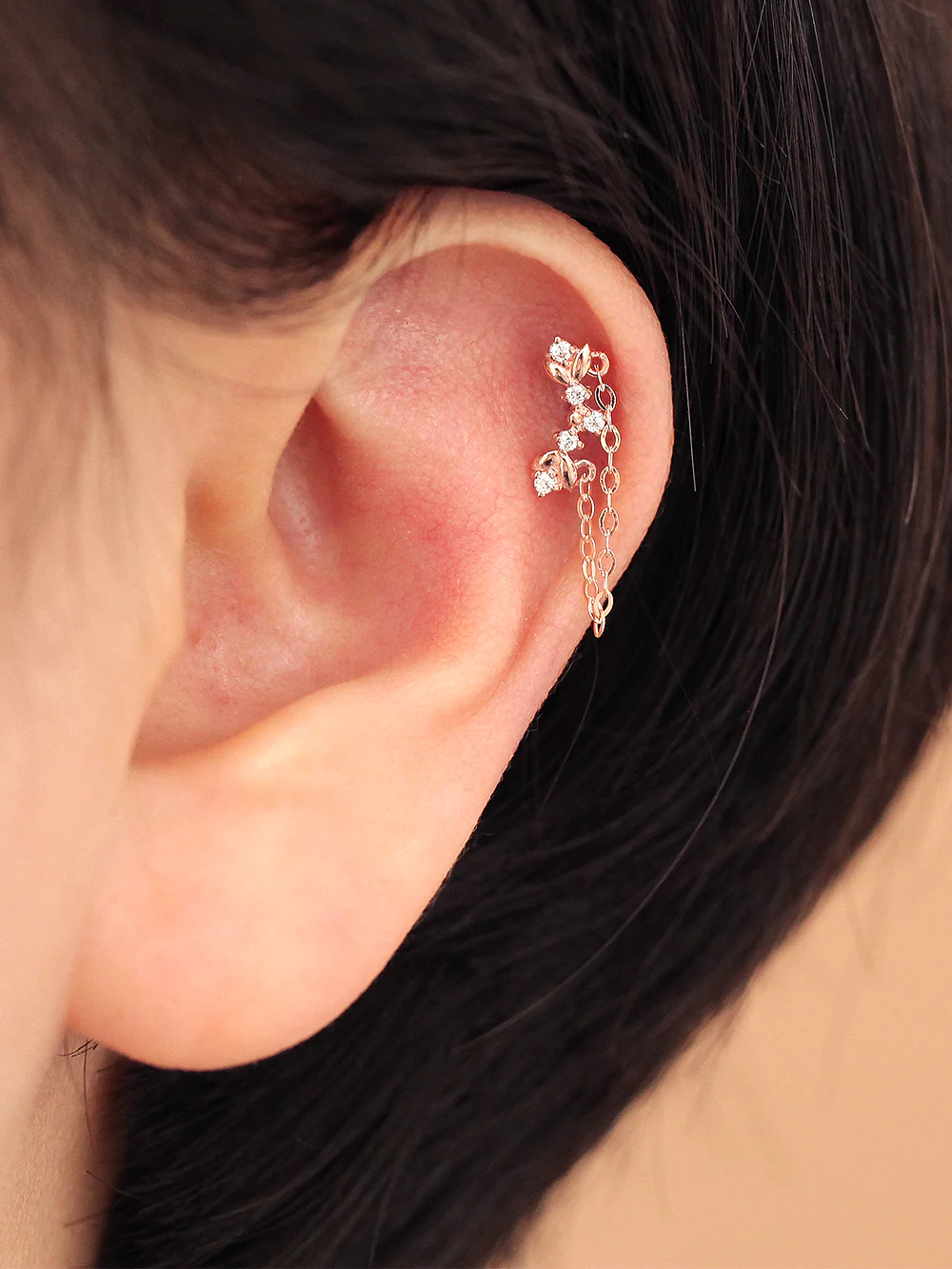 14K Gold Laurel Drop Chain Cartilage Earring 20G - Image 4