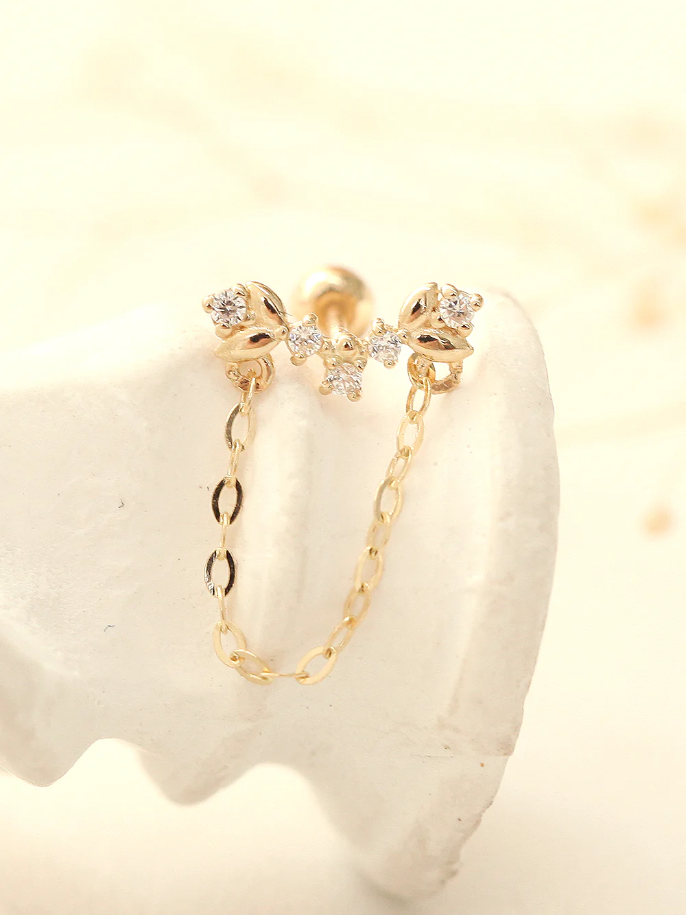 14K Gold Laurel Drop Chain Cartilage Earring 20G - Image 7