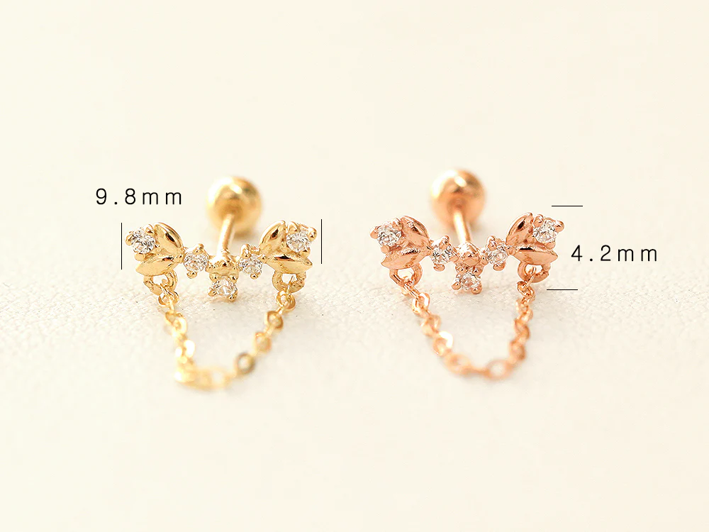 14K Gold Laurel Drop Chain Cartilage Earring 20G - Image 9