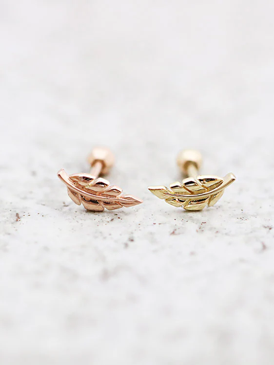 14K Gold Leaf Cartilage Earring 18G16G
