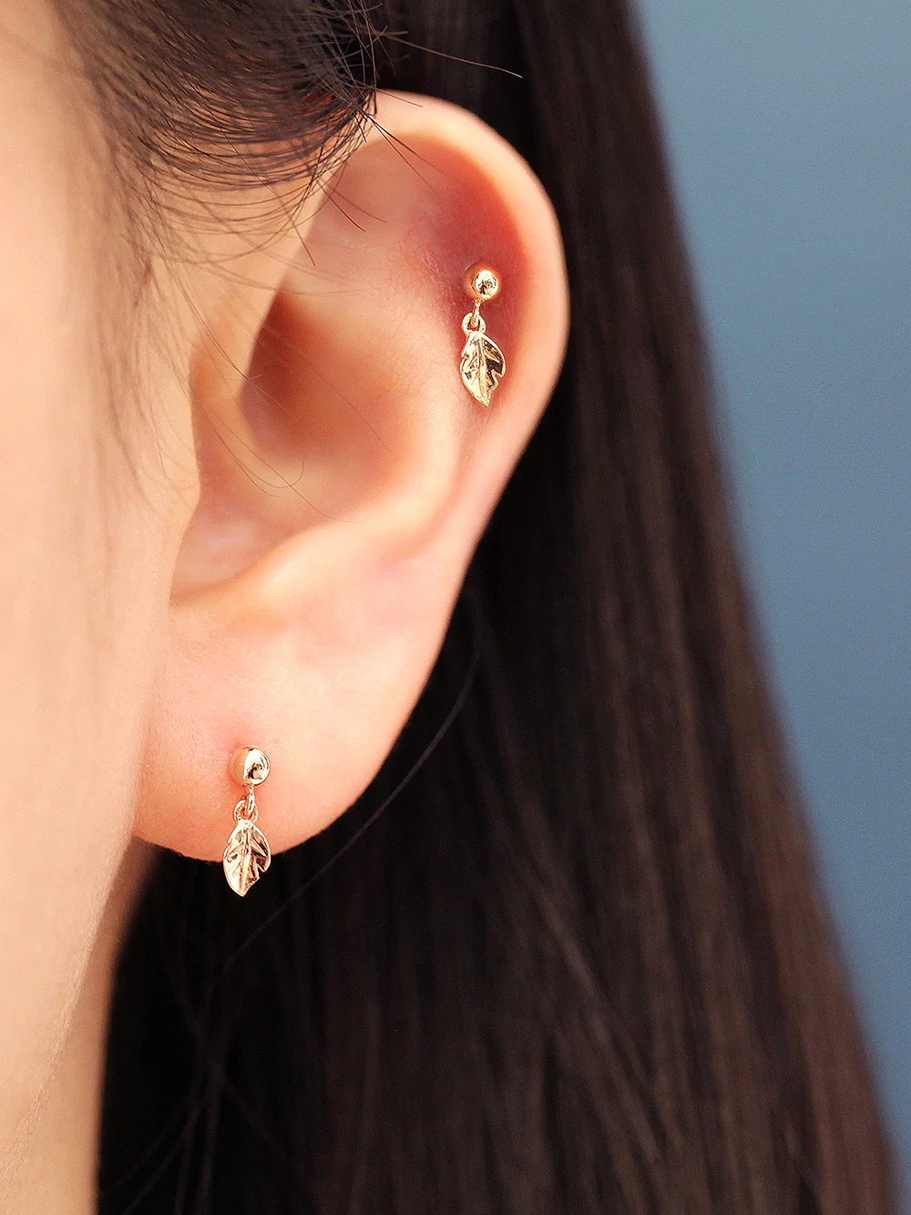 14K Gold Leaf Drop Cartilage Earring 20G18G16G - Image 3